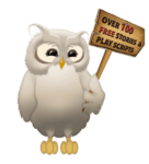 Owl Holding a Sign Saying Over 100 Bedtime Stories for Kids, Free Stories & Play Scripts