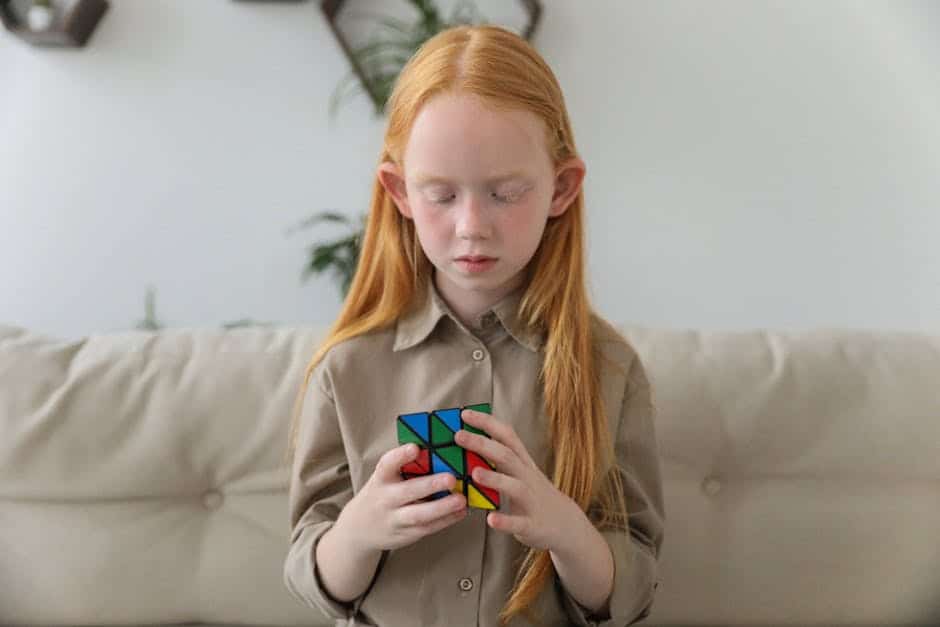 A curious child pondering over a challenging brain teaser, with a thought bubble showing their problem-solving attempts.